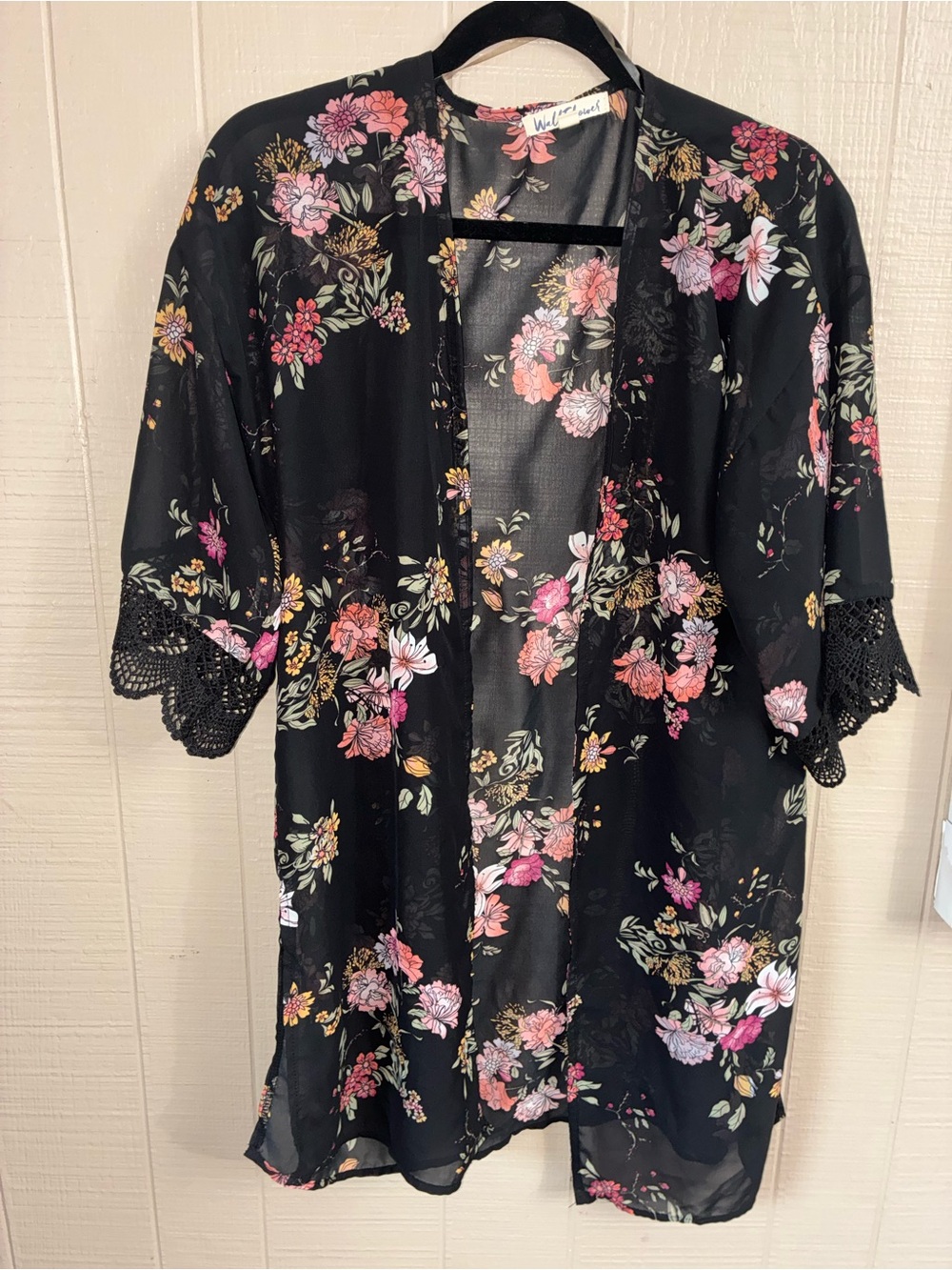Wallflower Black Floral Sheer Cover-Up with Pink Blooms